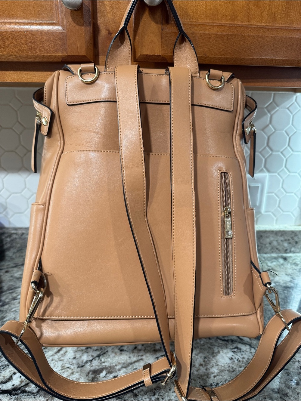 Minimal Tan Leather Backpack With Flap View 2